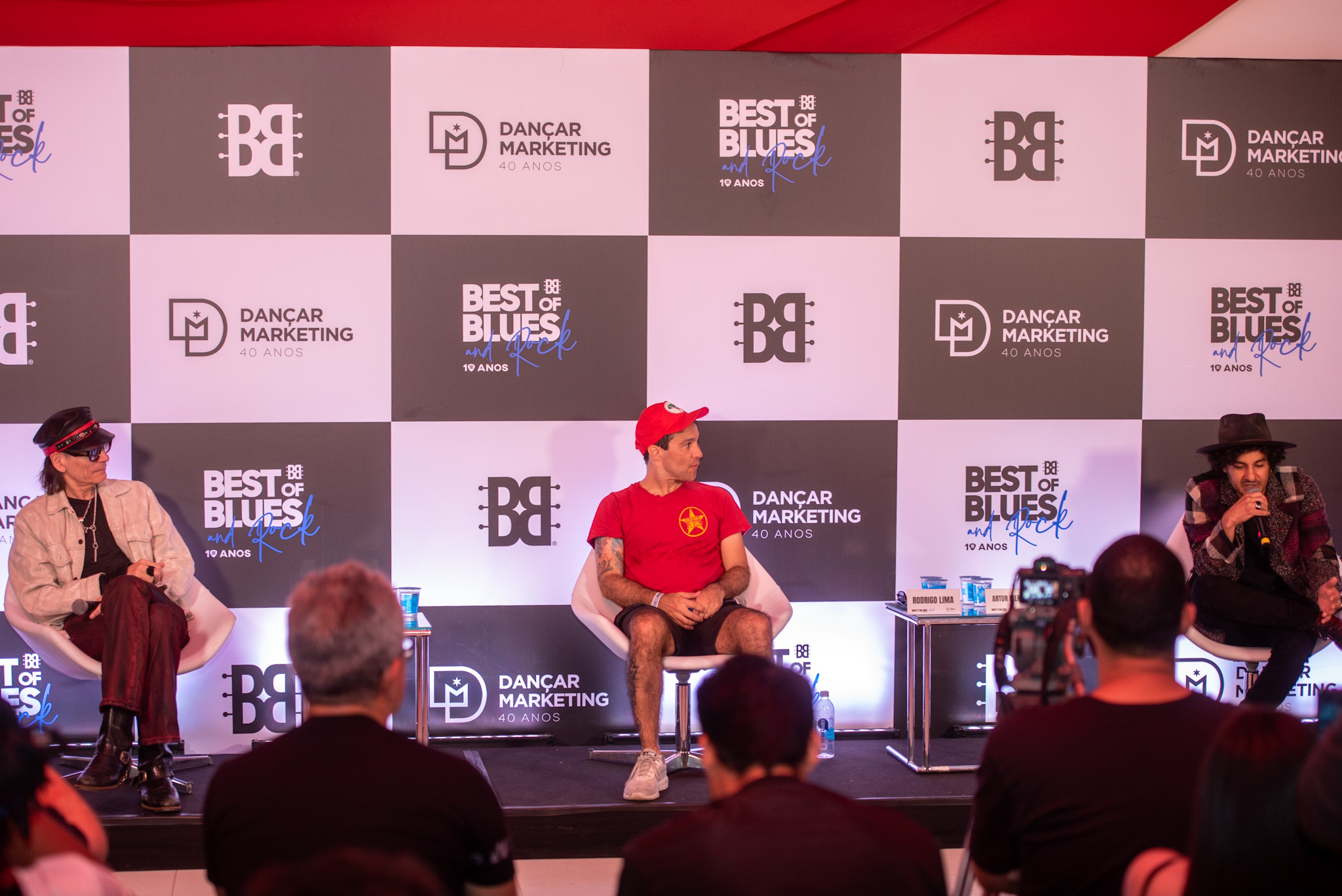 Steve Vai, Dead Fish e Artur Menezes na coletiva de imprensa do Best of Blues and Rock 2023. Crédito: Leca Suzuki